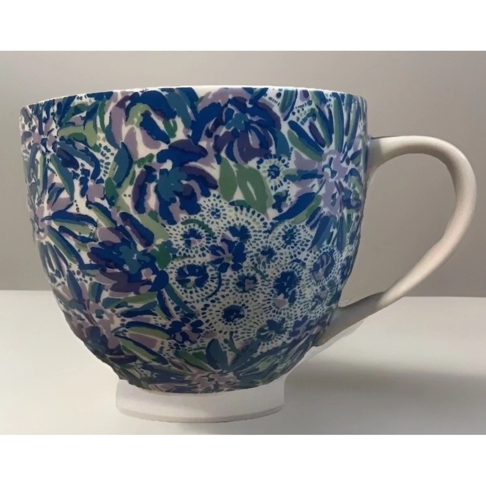 Lilly Pulitzer Floral Gold White Blue Lavender Coffee Tea Cup Mug 12oz Ceramic